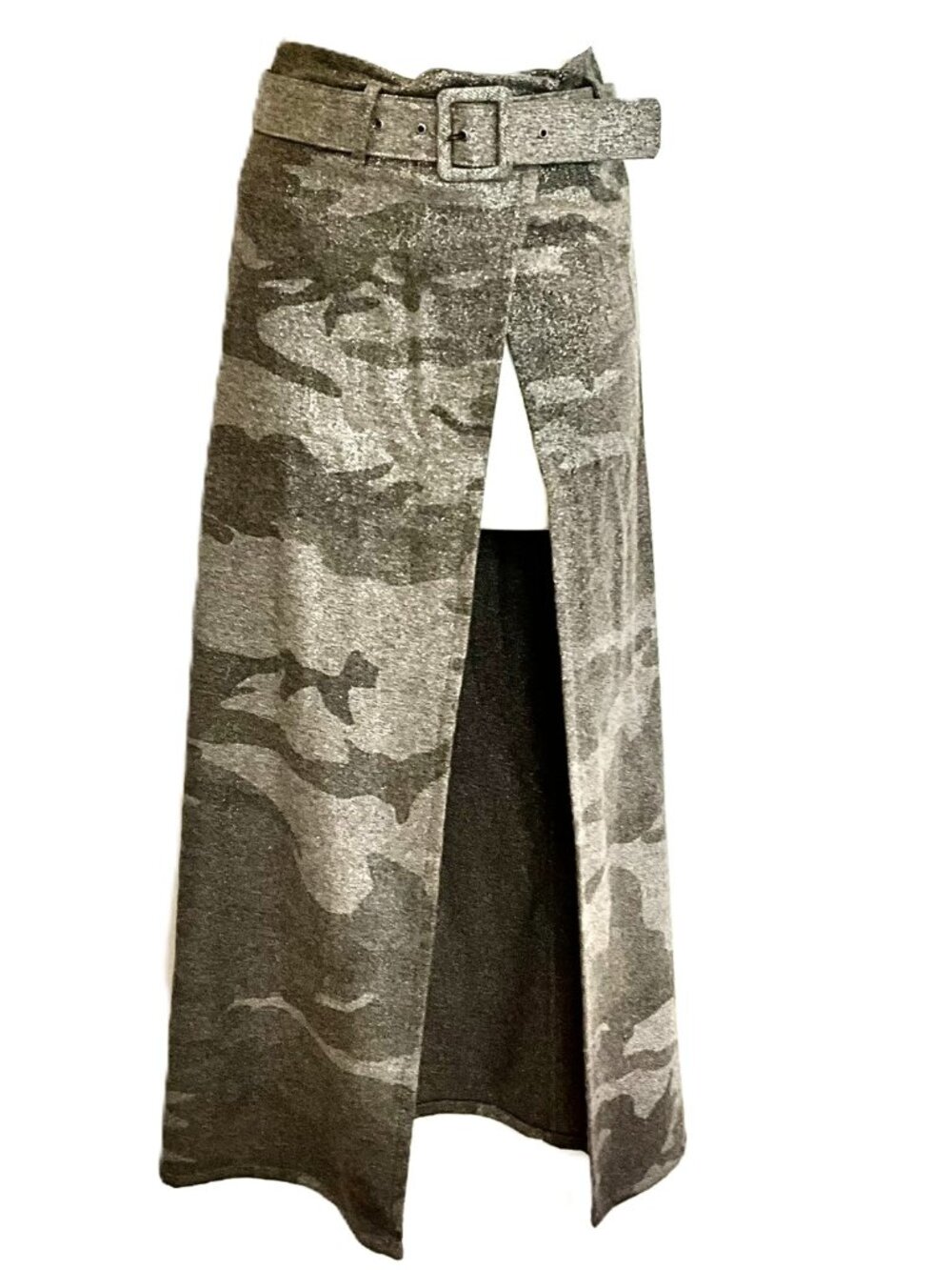 BRAND UNIQUE Italian Wool Blend Camo Wrap Maxi Skirt High Slit Belted Layering
